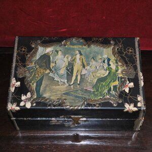 Antique Celluloid Covered Wood Sewing Box depicting Regency Couple